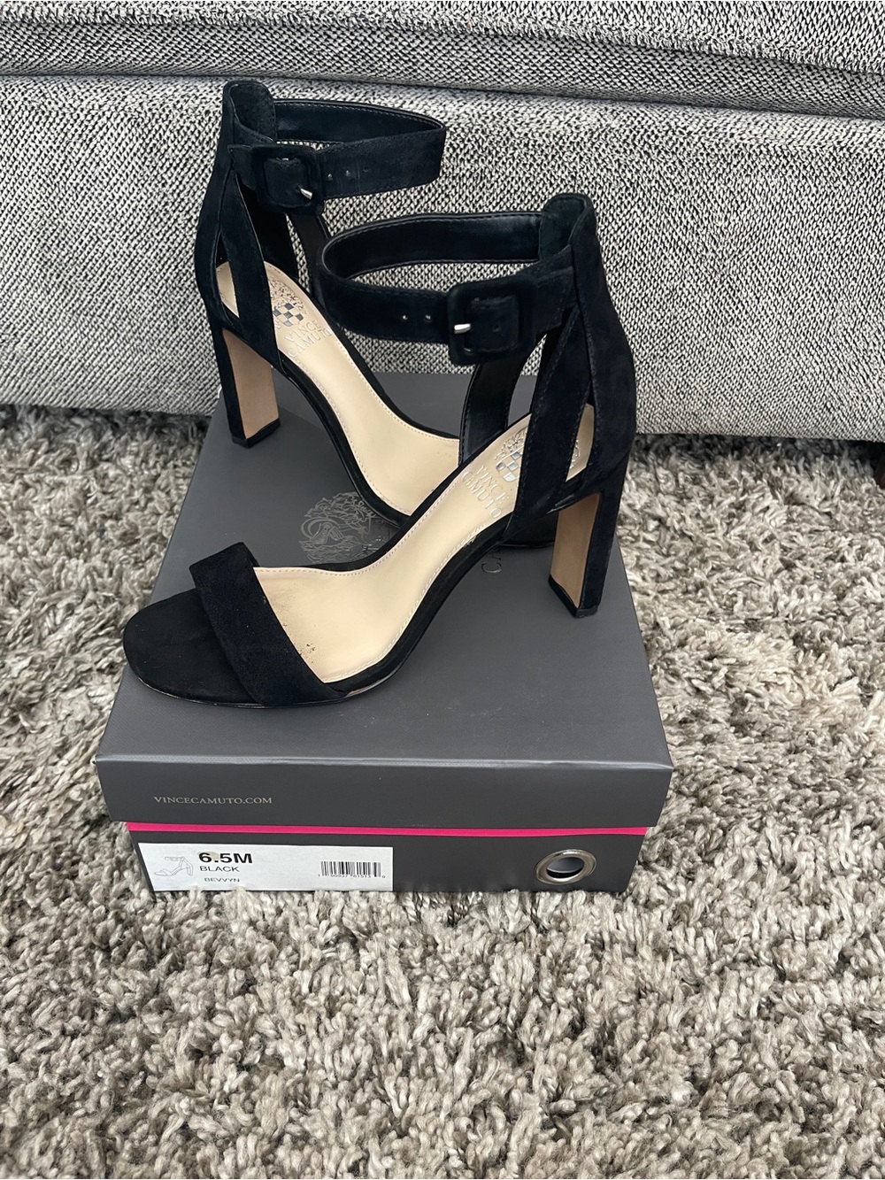 Vince Camuto Black Suede Ankle-Strap Block Heels